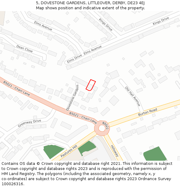 5, DOVESTONE GARDENS, LITTLEOVER, DERBY, DE23 4EJ: Location map and indicative extent of plot