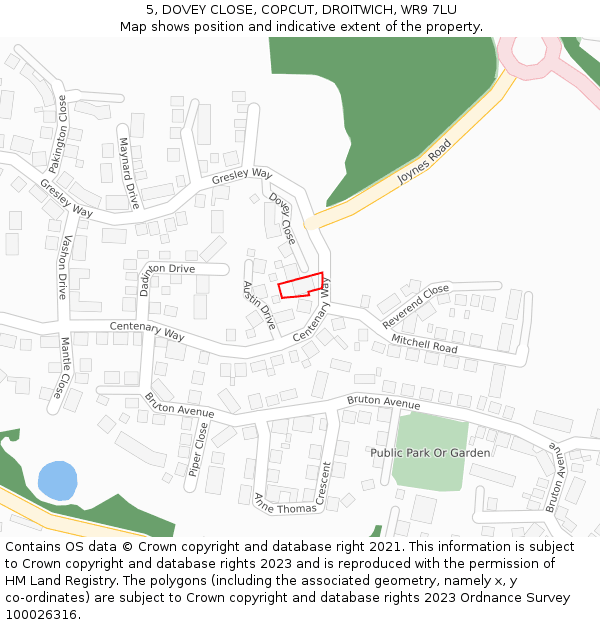 5, DOVEY CLOSE, COPCUT, DROITWICH, WR9 7LU: Location map and indicative extent of plot
