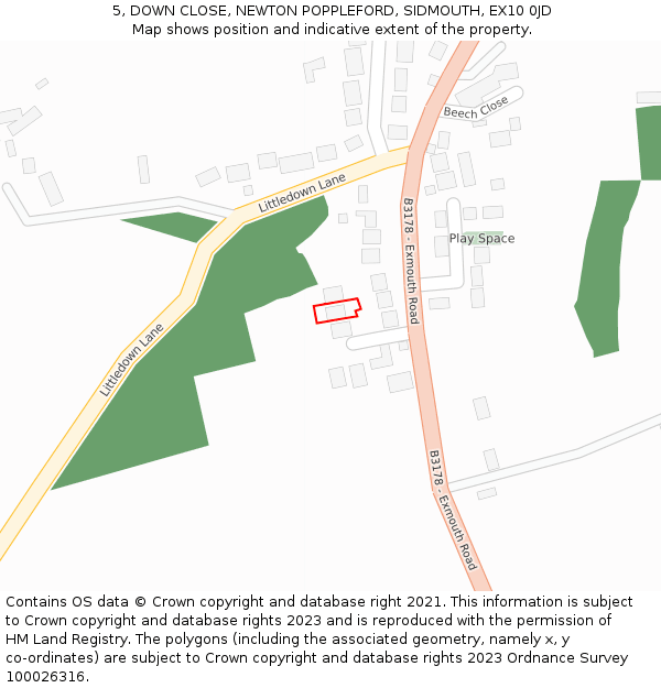 5, DOWN CLOSE, NEWTON POPPLEFORD, SIDMOUTH, EX10 0JD: Location map and indicative extent of plot