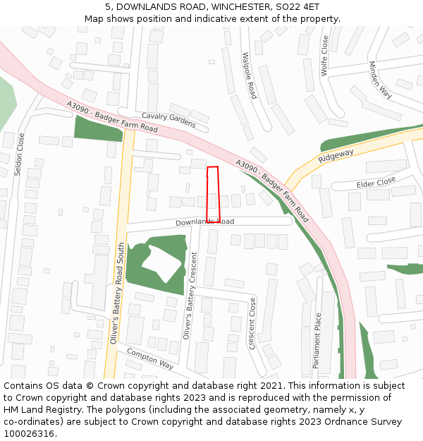 5, DOWNLANDS ROAD, WINCHESTER, SO22 4ET: Location map and indicative extent of plot