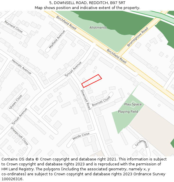 5, DOWNSELL ROAD, REDDITCH, B97 5RT: Location map and indicative extent of plot