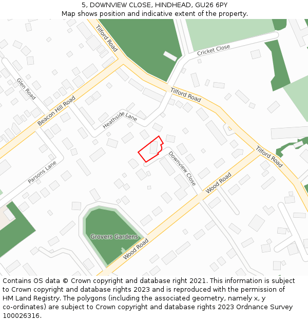 5, DOWNVIEW CLOSE, HINDHEAD, GU26 6PY: Location map and indicative extent of plot