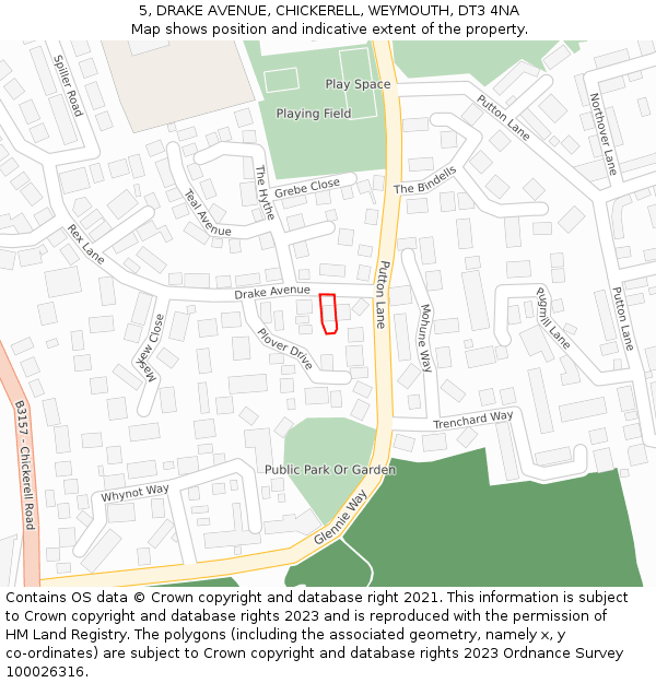 5, DRAKE AVENUE, CHICKERELL, WEYMOUTH, DT3 4NA: Location map and indicative extent of plot