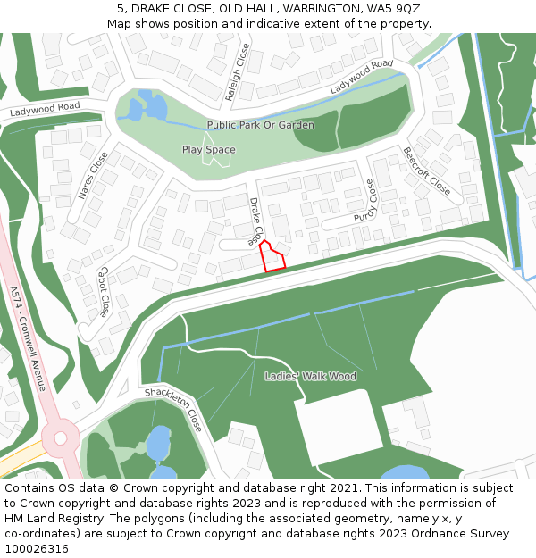 5, DRAKE CLOSE, OLD HALL, WARRINGTON, WA5 9QZ: Location map and indicative extent of plot