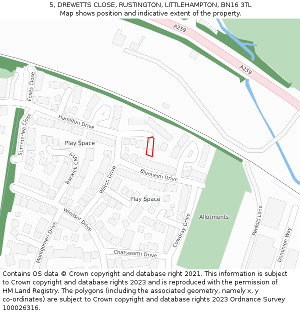5, DREWETTS CLOSE, RUSTINGTON, LITTLEHAMPTON, BN16 3TL: Location map and indicative extent of plot