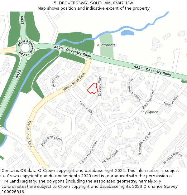 5, DROVERS WAY, SOUTHAM, CV47 1FW: Location map and indicative extent of plot