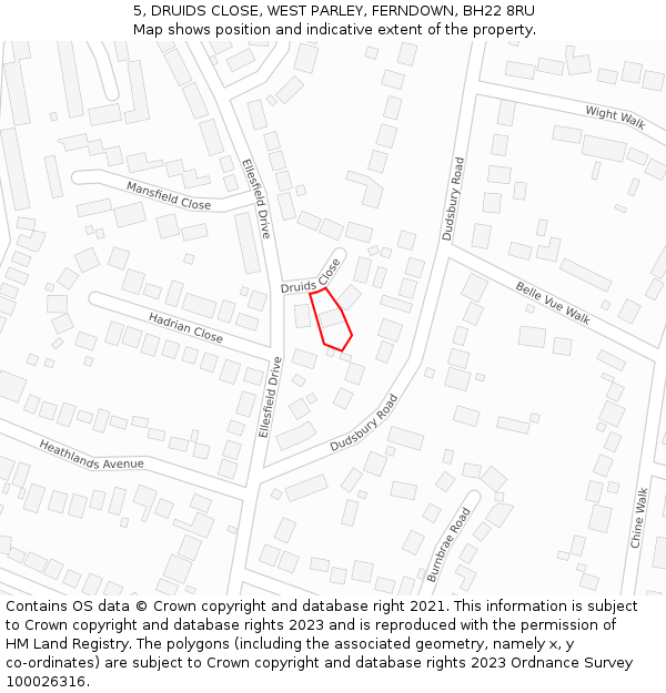 5, DRUIDS CLOSE, WEST PARLEY, FERNDOWN, BH22 8RU: Location map and indicative extent of plot