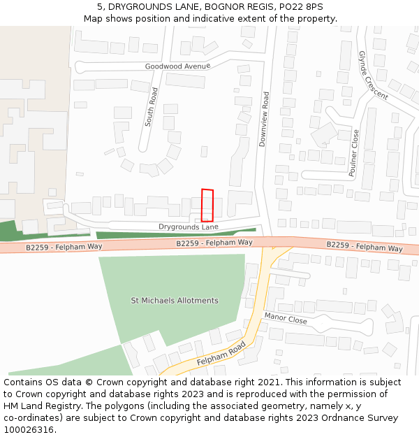 5, DRYGROUNDS LANE, BOGNOR REGIS, PO22 8PS: Location map and indicative extent of plot