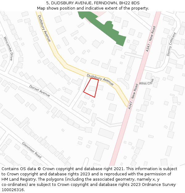 5, DUDSBURY AVENUE, FERNDOWN, BH22 8DS: Location map and indicative extent of plot