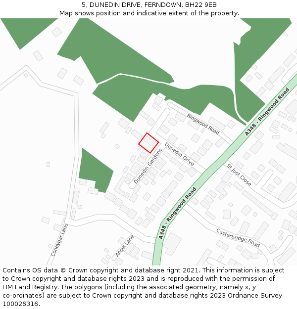 5, DUNEDIN DRIVE, FERNDOWN, BH22 9EB: Location map and indicative extent of plot