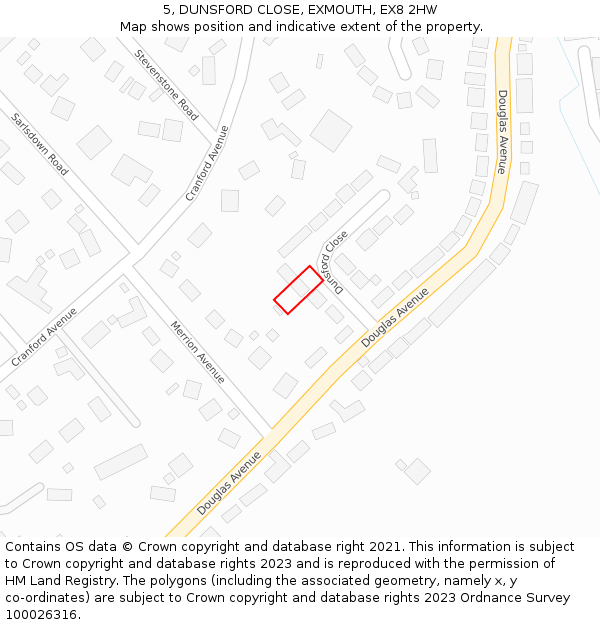 5, DUNSFORD CLOSE, EXMOUTH, EX8 2HW: Location map and indicative extent of plot