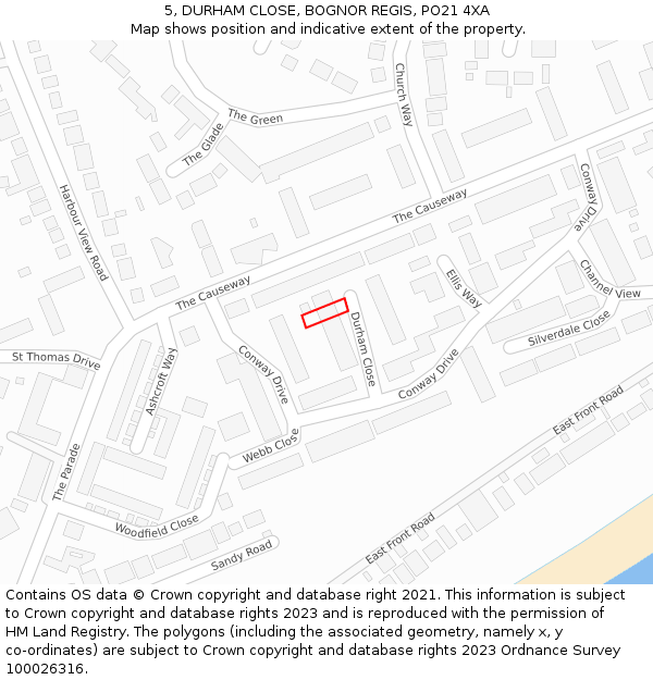 5, DURHAM CLOSE, BOGNOR REGIS, PO21 4XA: Location map and indicative extent of plot