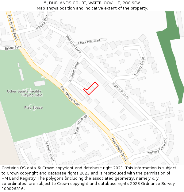 5, DURLANDS COURT, WATERLOOVILLE, PO8 9FW: Location map and indicative extent of plot