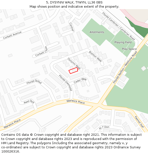 5, DYSYNNI WALK, TYWYN, LL36 0BS: Location map and indicative extent of plot