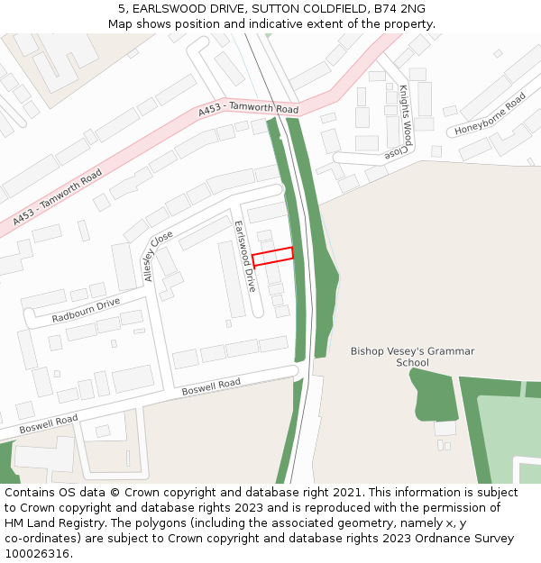 5, EARLSWOOD DRIVE, SUTTON COLDFIELD, B74 2NG: Location map and indicative extent of plot