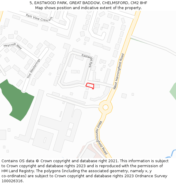 5, EASTWOOD PARK, GREAT BADDOW, CHELMSFORD, CM2 8HF: Location map and indicative extent of plot