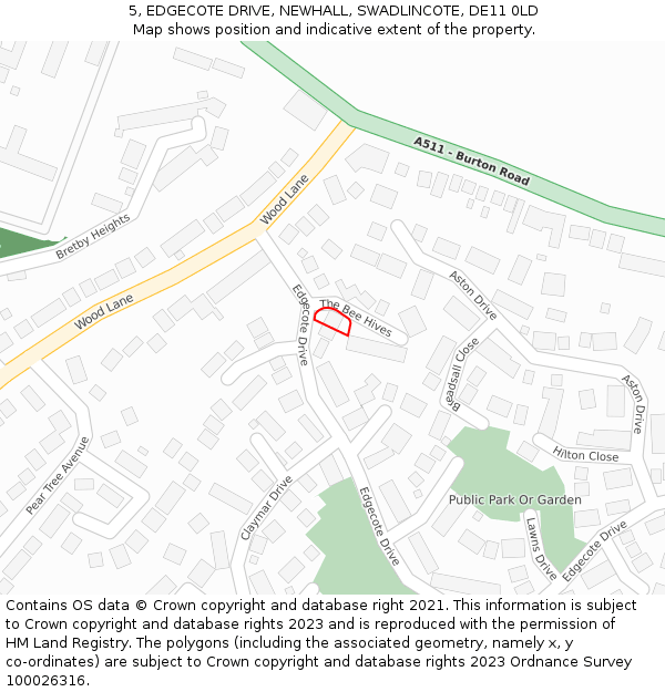 5, EDGECOTE DRIVE, NEWHALL, SWADLINCOTE, DE11 0LD: Location map and indicative extent of plot