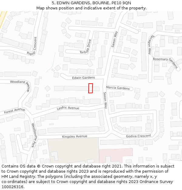 5, EDWIN GARDENS, BOURNE, PE10 9QN: Location map and indicative extent of plot