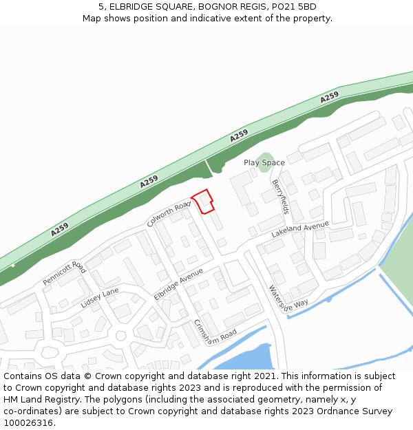 5, ELBRIDGE SQUARE, BOGNOR REGIS, PO21 5BD: Location map and indicative extent of plot