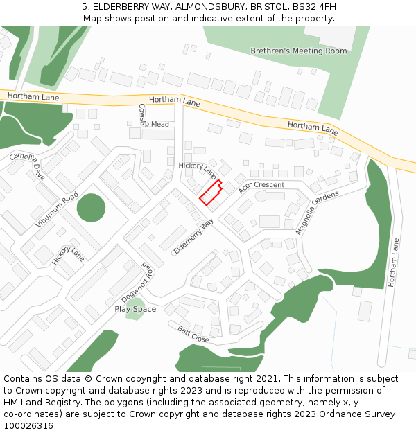 5, ELDERBERRY WAY, ALMONDSBURY, BRISTOL, BS32 4FH: Location map and indicative extent of plot