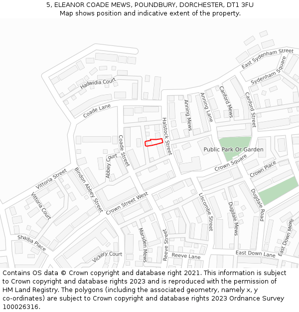 5, ELEANOR COADE MEWS, POUNDBURY, DORCHESTER, DT1 3FU: Location map and indicative extent of plot