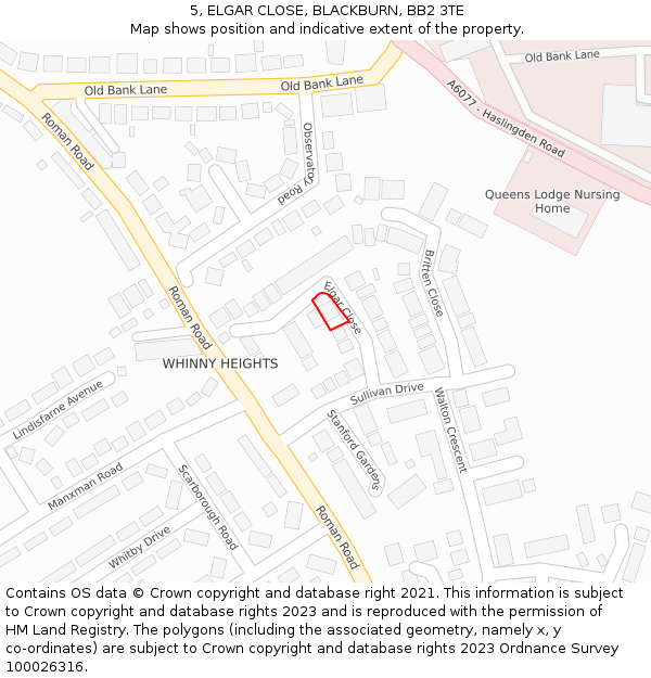 5, ELGAR CLOSE, BLACKBURN, BB2 3TE: Location map and indicative extent of plot