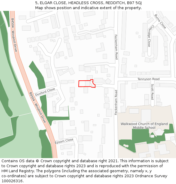 5, ELGAR CLOSE, HEADLESS CROSS, REDDITCH, B97 5GJ: Location map and indicative extent of plot