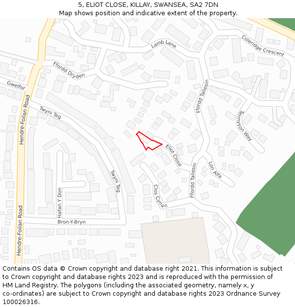 5, ELIOT CLOSE, KILLAY, SWANSEA, SA2 7DN: Location map and indicative extent of plot