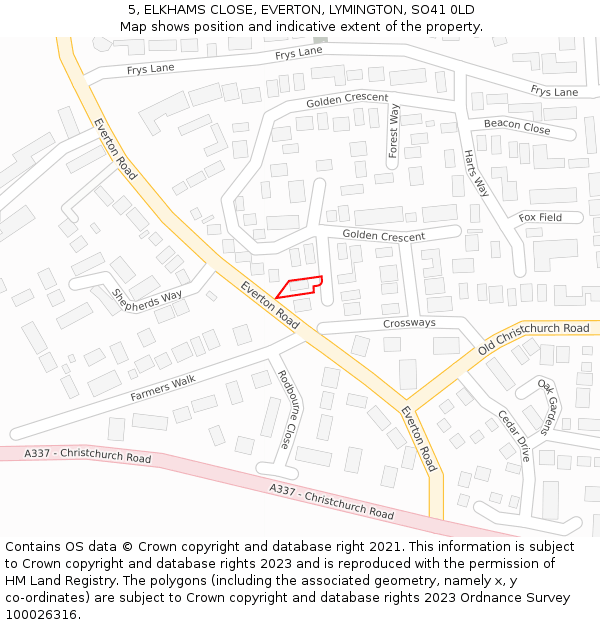 5, ELKHAMS CLOSE, EVERTON, LYMINGTON, SO41 0LD: Location map and indicative extent of plot