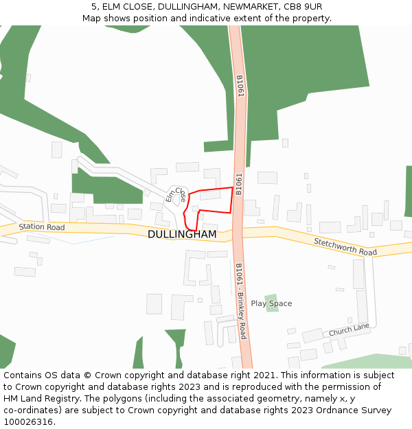 5, ELM CLOSE, DULLINGHAM, NEWMARKET, CB8 9UR: Location map and indicative extent of plot