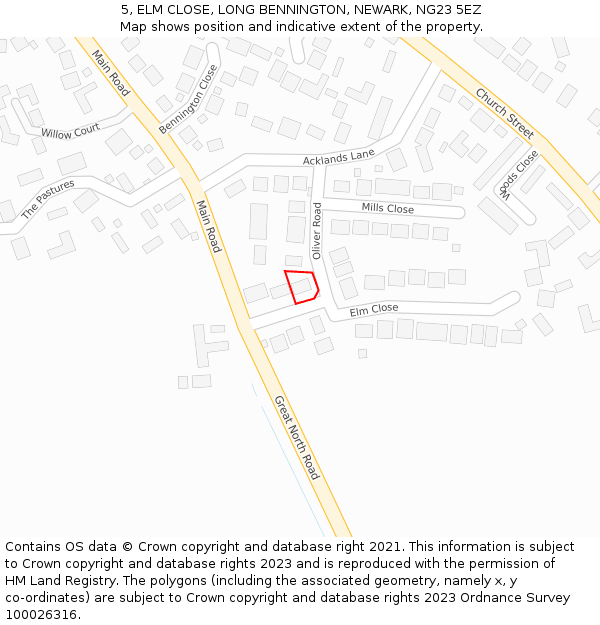 5, ELM CLOSE, LONG BENNINGTON, NEWARK, NG23 5EZ: Location map and indicative extent of plot