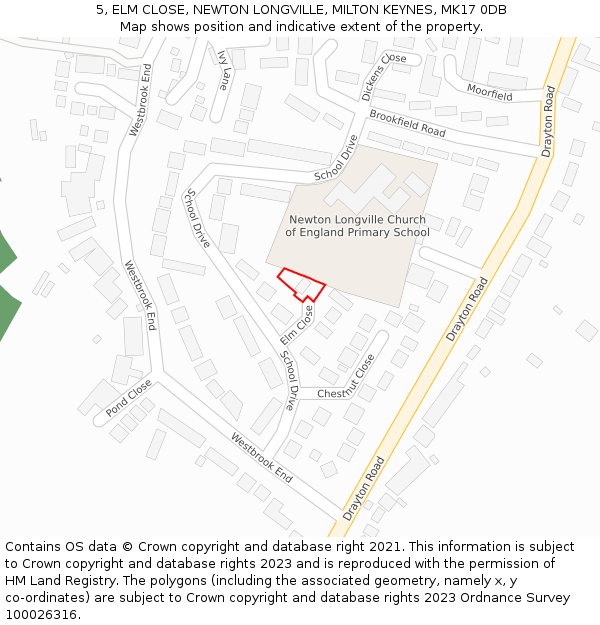 5, ELM CLOSE, NEWTON LONGVILLE, MILTON KEYNES, MK17 0DB: Location map and indicative extent of plot