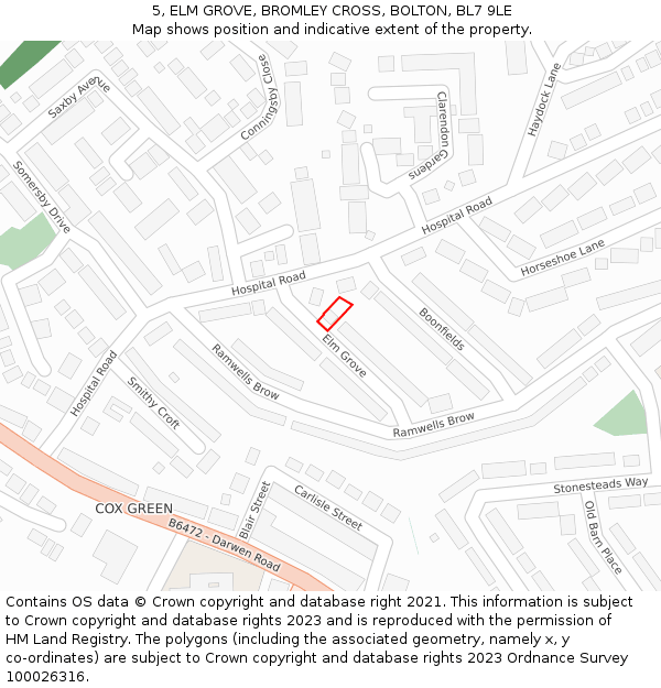 5, ELM GROVE, BROMLEY CROSS, BOLTON, BL7 9LE: Location map and indicative extent of plot