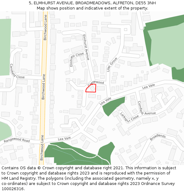 5, ELMHURST AVENUE, BROADMEADOWS, ALFRETON, DE55 3NH: Location map and indicative extent of plot