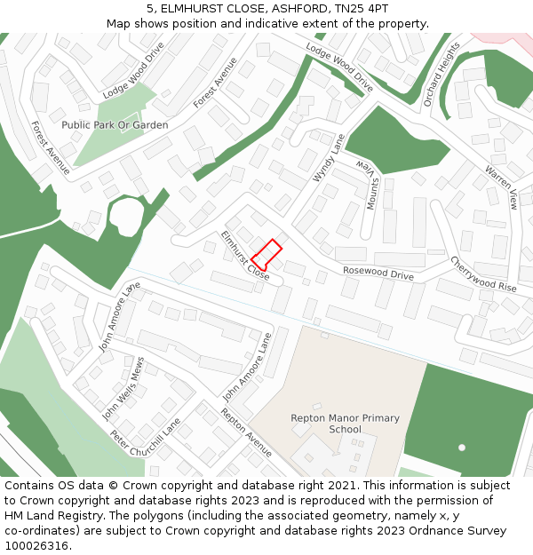 5, ELMHURST CLOSE, ASHFORD, TN25 4PT: Location map and indicative extent of plot