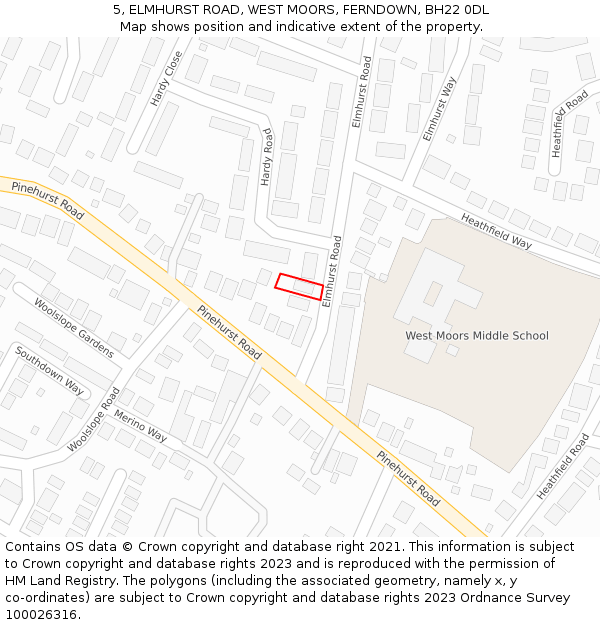 5, ELMHURST ROAD, WEST MOORS, FERNDOWN, BH22 0DL: Location map and indicative extent of plot