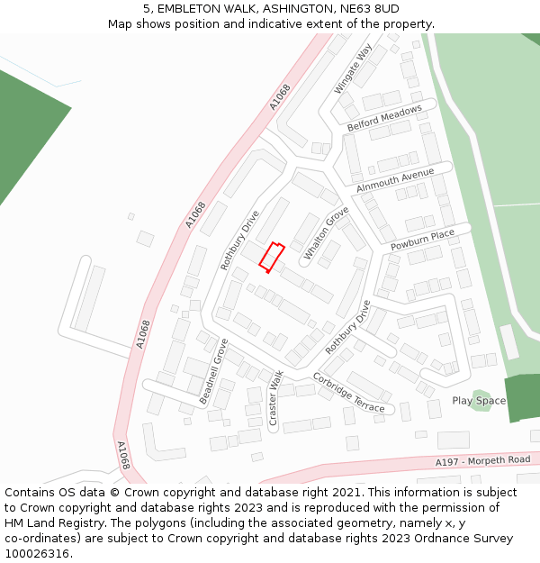 5, EMBLETON WALK, ASHINGTON, NE63 8UD: Location map and indicative extent of plot