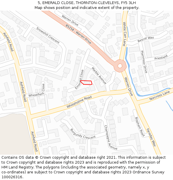 5, EMERALD CLOSE, THORNTON-CLEVELEYS, FY5 3LH: Location map and indicative extent of plot