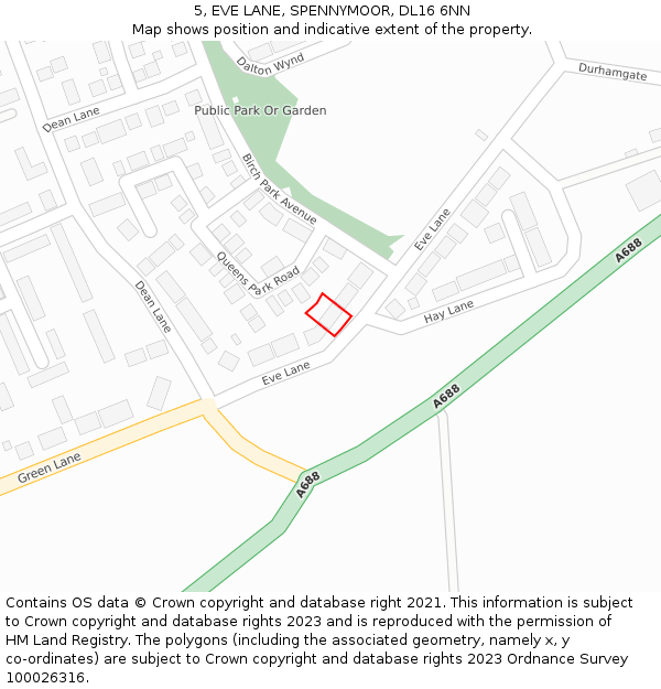 5, EVE LANE, SPENNYMOOR, DL16 6NN: Location map and indicative extent of plot