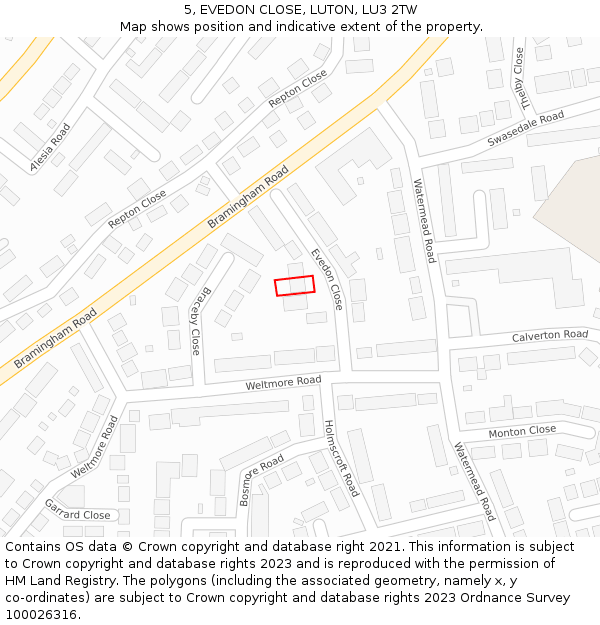 5, EVEDON CLOSE, LUTON, LU3 2TW: Location map and indicative extent of plot