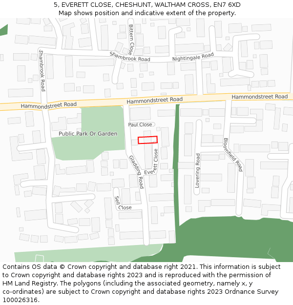 5, EVERETT CLOSE, CHESHUNT, WALTHAM CROSS, EN7 6XD: Location map and indicative extent of plot
