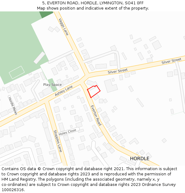 5, EVERTON ROAD, HORDLE, LYMINGTON, SO41 0FF: Location map and indicative extent of plot