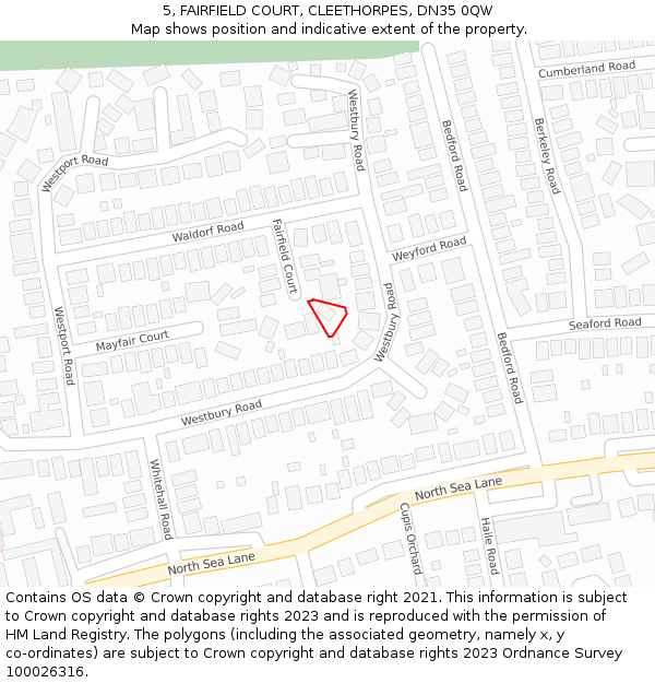 5, FAIRFIELD COURT, CLEETHORPES, DN35 0QW: Location map and indicative extent of plot