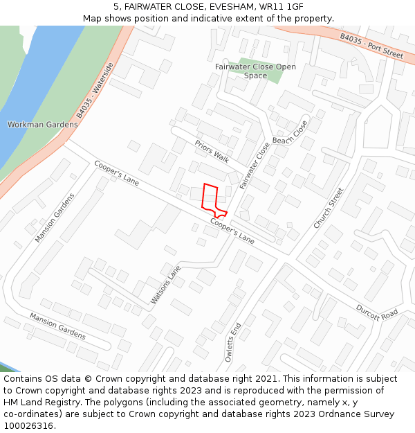 5, FAIRWATER CLOSE, EVESHAM, WR11 1GF: Location map and indicative extent of plot