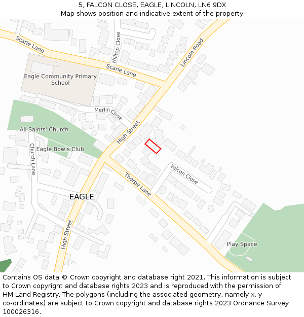 5, FALCON CLOSE, EAGLE, LINCOLN, LN6 9DX: Location map and indicative extent of plot