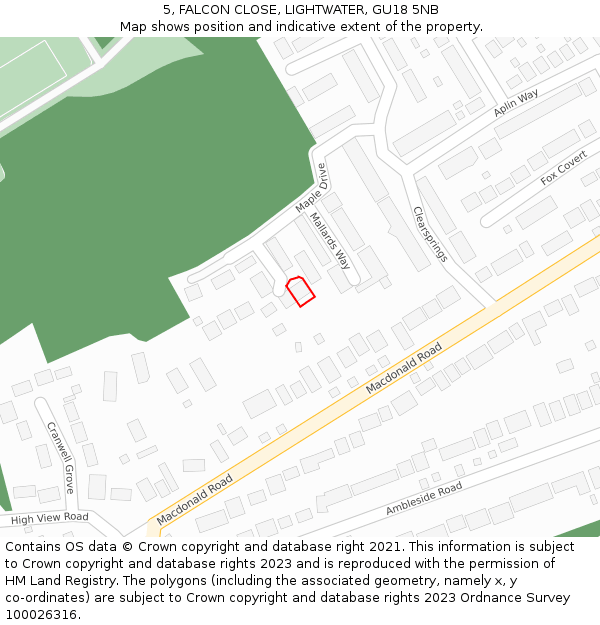 5, FALCON CLOSE, LIGHTWATER, GU18 5NB: Location map and indicative extent of plot