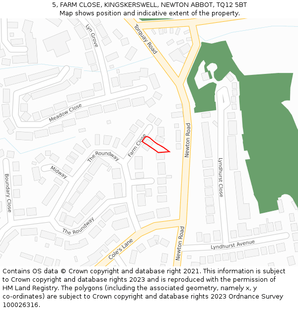5, FARM CLOSE, KINGSKERSWELL, NEWTON ABBOT, TQ12 5BT: Location map and indicative extent of plot