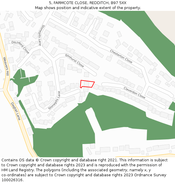 5, FARMCOTE CLOSE, REDDITCH, B97 5XX: Location map and indicative extent of plot