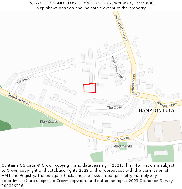 5, FARTHER SAND CLOSE, HAMPTON LUCY, WARWICK, CV35 8BL: Location map and indicative extent of plot