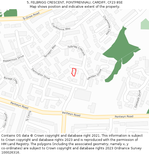 5, FELBRIGG CRESCENT, PONTPRENNAU, CARDIFF, CF23 8SE: Location map and indicative extent of plot